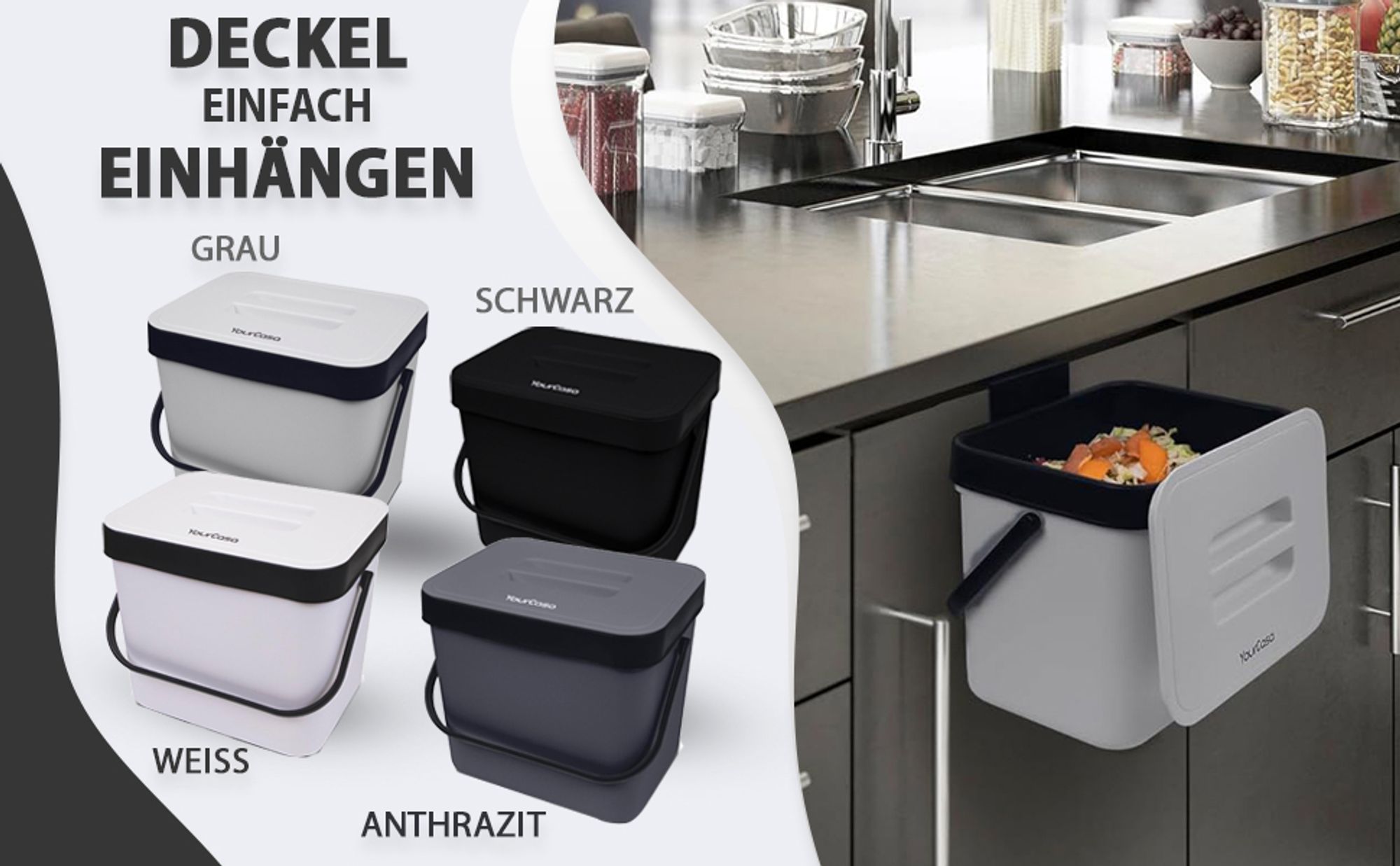 YourCasa 7L Biomülleimer mit Halterung und Sieb für Küche - Geruchsdicht & Spülmaschinenfest Schwarz