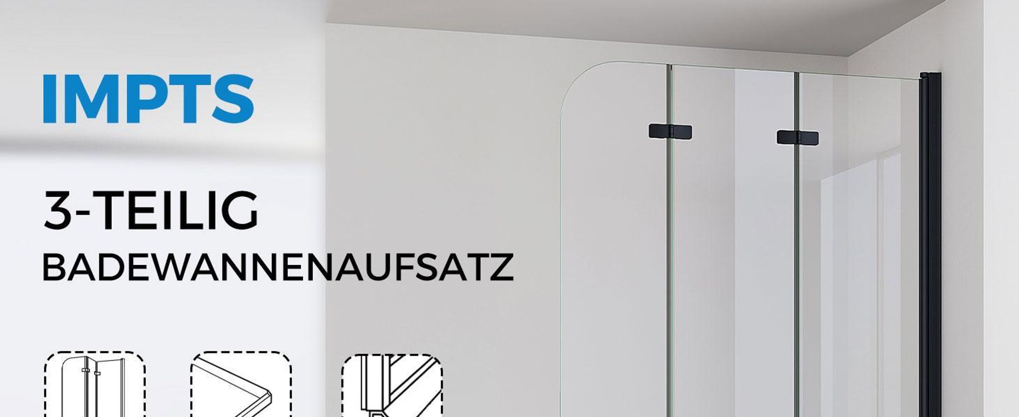IMPTS Duschwand für Badewanne 140x140cm 3-teilig Faltwand Badewannenaufsatz Faltbar Duschabtrennung 6mm ESG GLAS Badwannenfaltwand Schwarze, Klarglas