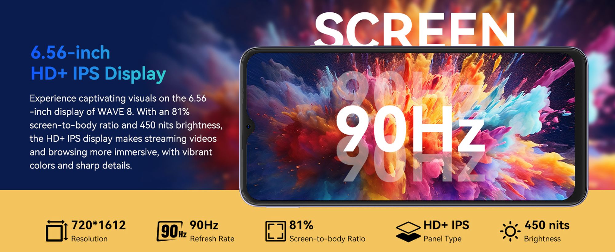 Telefon Blackview Wave 8 AI bez umowy, dwie karty SIM, wyświetlacz IPS HD+ 6,56", 12 GB pamięci RAM + 256 GB pamięci wewnętrznej, ośmiordzeniowy procesor, bateria 5000 mAh, aparaty 13 MP + 8 MP, Face ID, rozdzielczość 1080p FHD