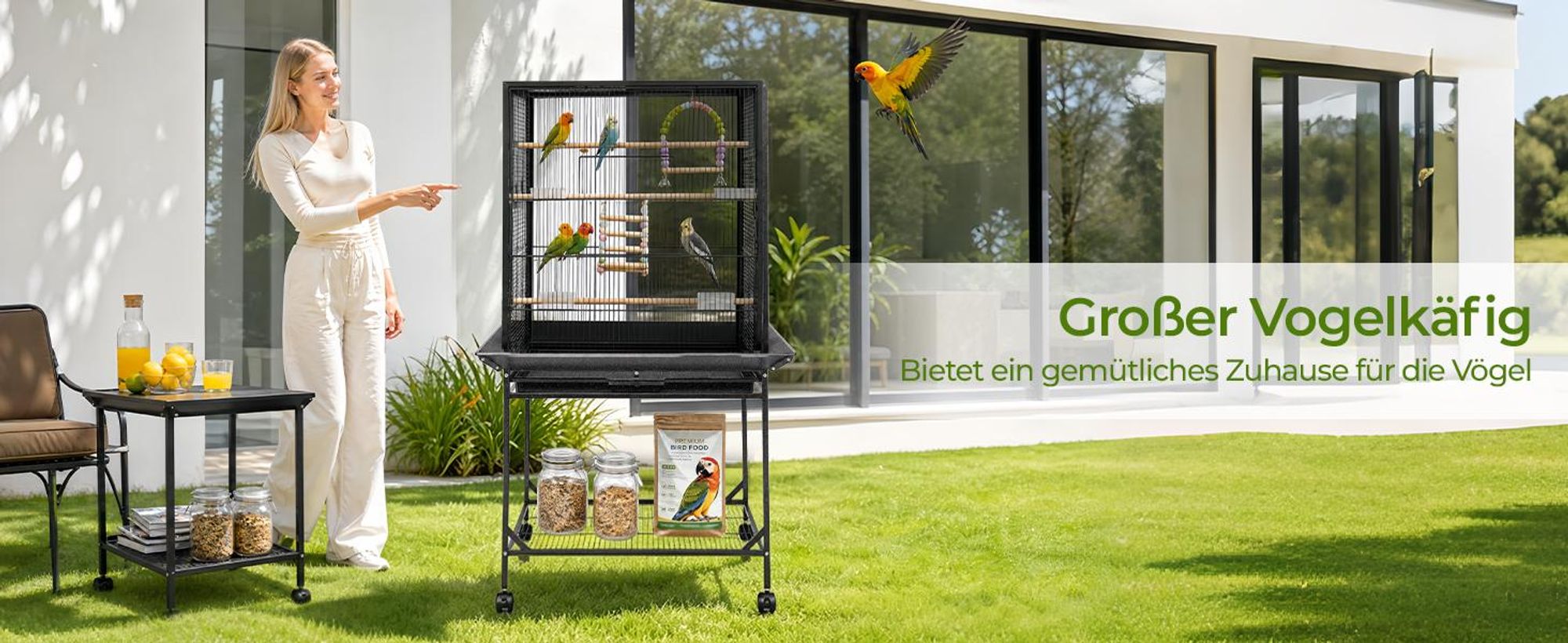 Vogelkäfig mit Ständer und Rollen, 61,5 × 43 × 150 cm, Vogelvoliere mit Freisitz für Wellensittiche, Nymphensittiche & kleine Papageien, Schwarz