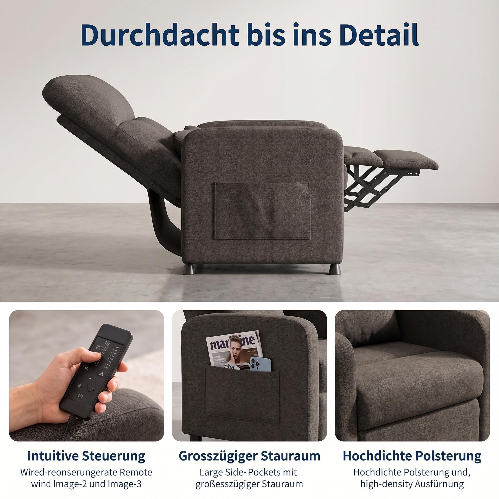 Elektrischer Relaxsessel mit Massage, Fernsehsessel Elektrisch mit Liegefunktion, TV Sessel Elektrisch, Liegesessel 90°–150° verstellbar, Wohnzim