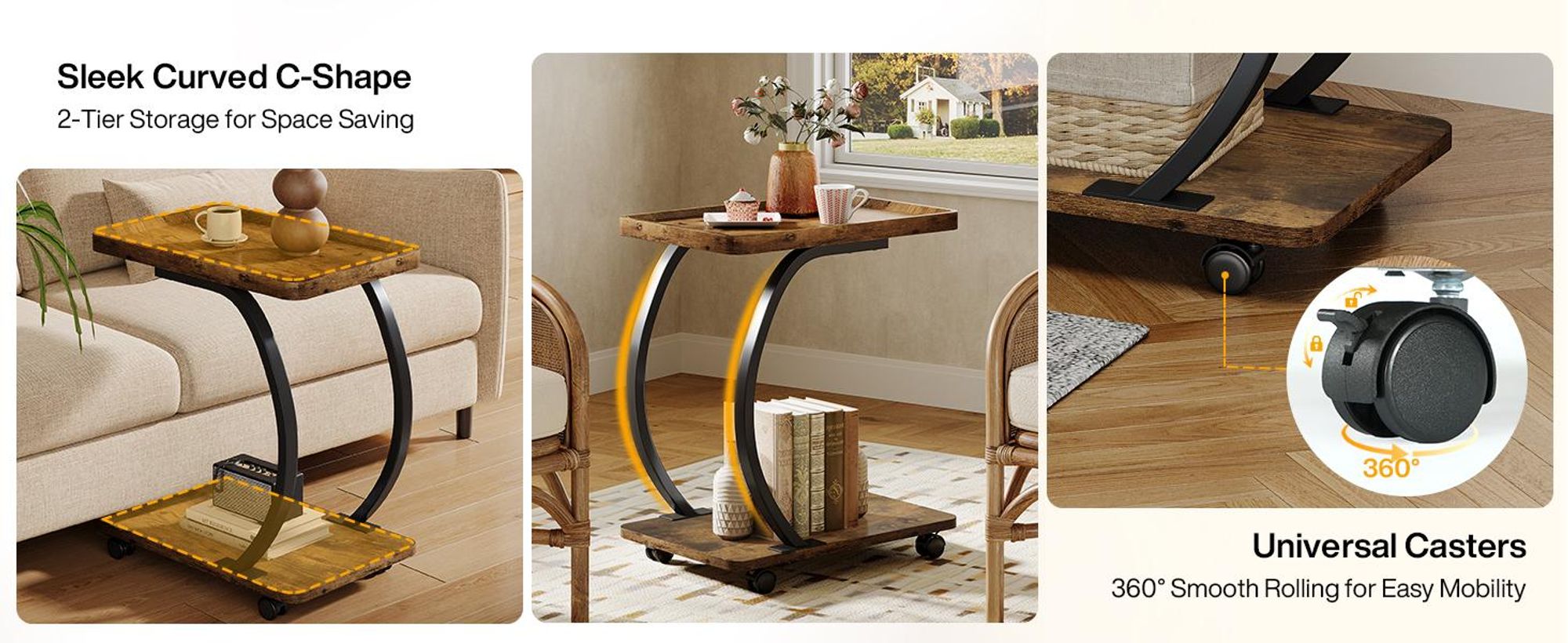 Beistelltisch, C-förmiger Couchtisch mit Rollen, doppelstöckiger nachttisch, Metallgestell, Konsolentisch, Sofatisch, für kleine Wohnzimmer
