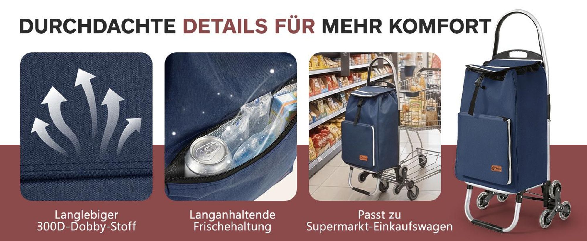 Sekey Klappbar Einkaufstrolley Treppensteiger Aluminium, mit 50L Wasserdichter Tasche, Kühlfach, Blau
