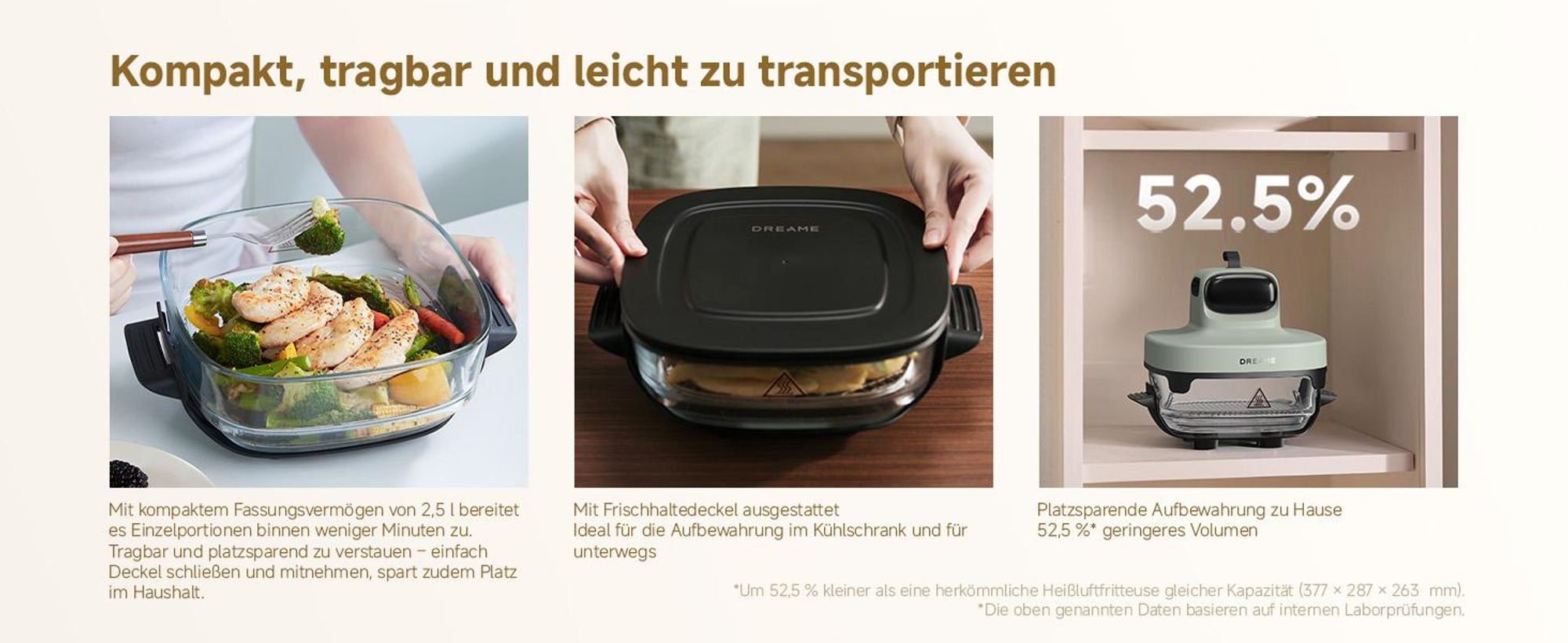 Dreame Tasti AirFryer 5-in-1 Heißluftfritteuse, 6mm starkes,tragbares Borosilikatglas,3D-Heißluftzirkulation,spülmaschinenfest,360° Sicht,2.5l ,Grün