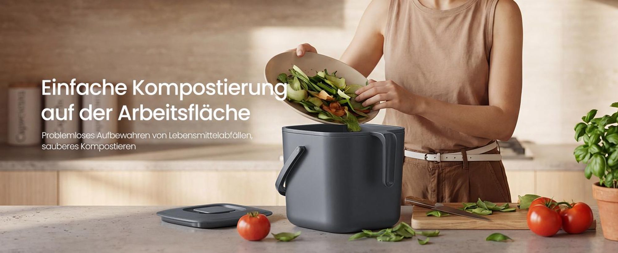 SONGMICS Geruchsdichter Komposteimer für die Küche, Biomülleimer mit Deckel und Griff, 4 L, 24 x 20 x 19,5 cm, Grau