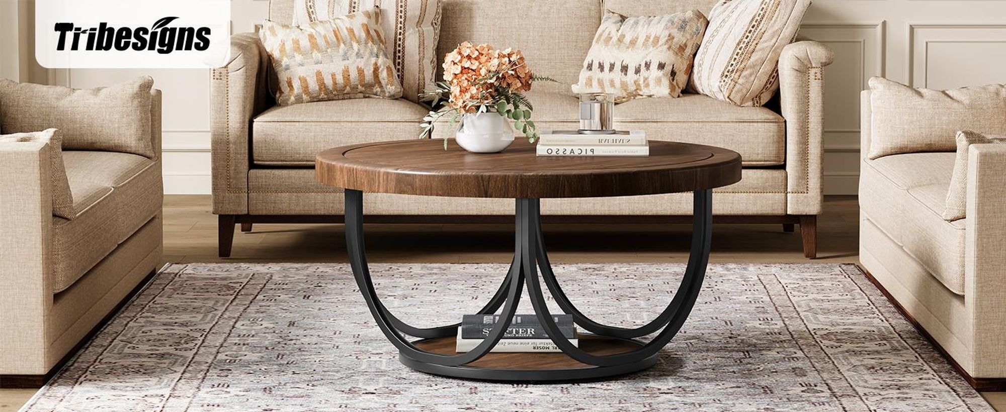 Couchtisch, 80 cm runder Sofatisch mit 2 Ebenen, Wohnzimmertisch, Beistelltisch, Industrieller Mitteltisch für das Wohnzimmer, Rundes Akzentmöbel