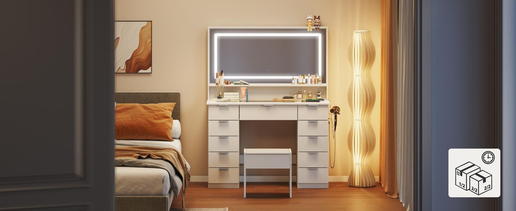 Mondeer Schminktisch mit Hocker, 3-Stufen LED-Spiegel, 11 Schubladen, Steckdosen & Glasplatte, 108x140x40cm Weiß