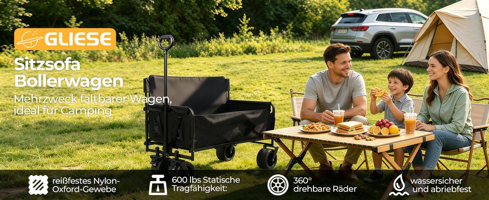 Schwarzer Sand Strand Campingwagen im Strand-Stil, faltbarer Outdoor Strand Garten Picknickwagen, Multi-Funktions-Trolley mit verstellbarem Griff