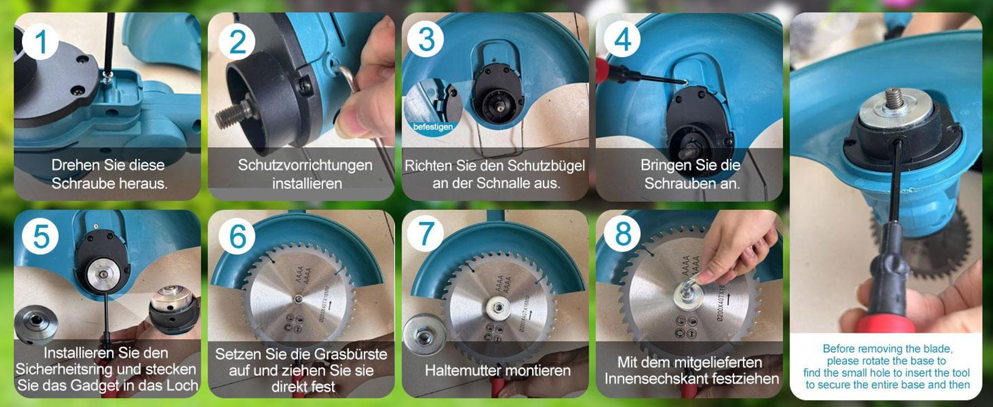 Akku Rasentrimmer 750W mit 2× 4000mAh Akkus 21V, 4 in 1 Bürstenloser Motor Rasentrimmer mit Unkrautbürste, Freischneider mit Messer und Ladegerät