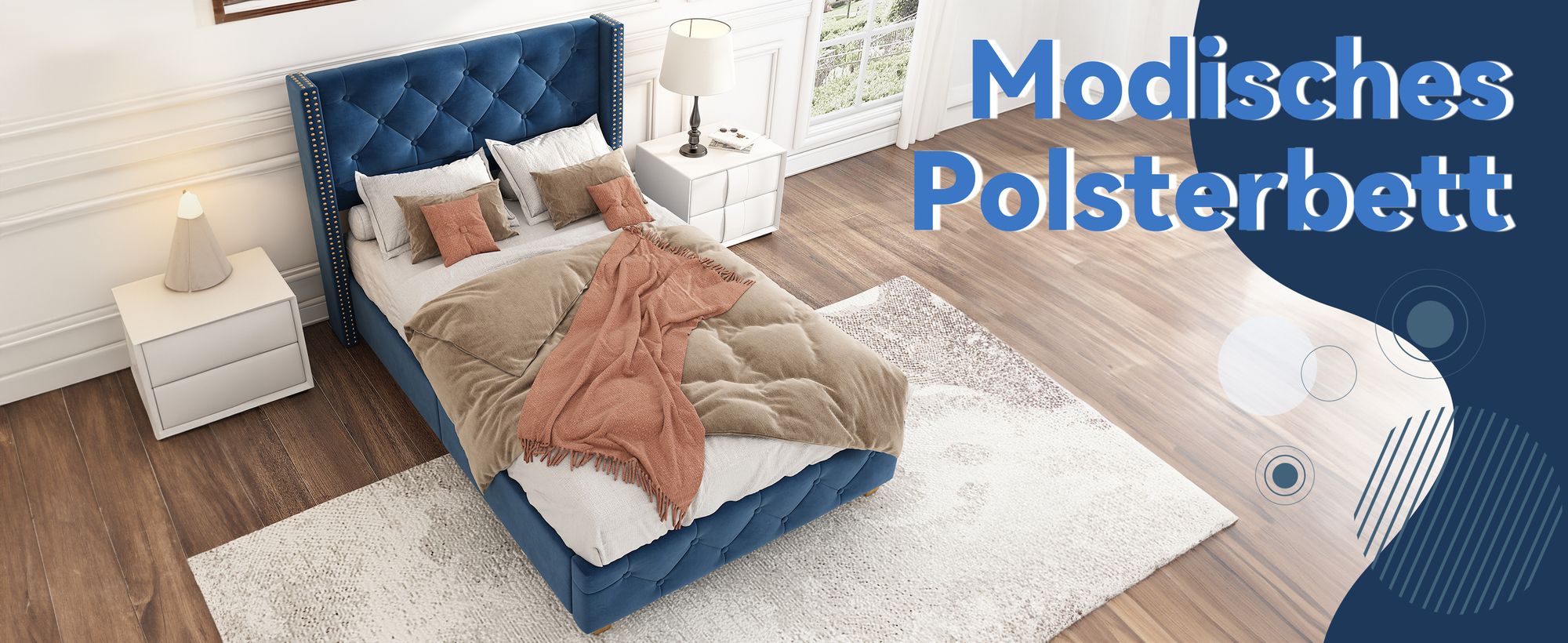 MODFU Polsterbett 90×200cm Jugendbett mit Lattenrost und Kopfteil, Einzelbett Bettgestell mit Holzbeine, Samt, Blau(Ohne Matratze)
