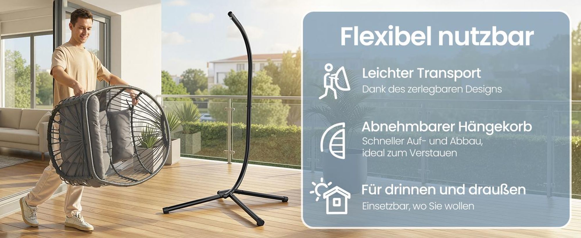 SONGMICS Schaukelstuhl mit Gestell, klappbarer Korbsessel höhenverstellbar, Hängeschaukel für Garten Balkon, Kissen, grau