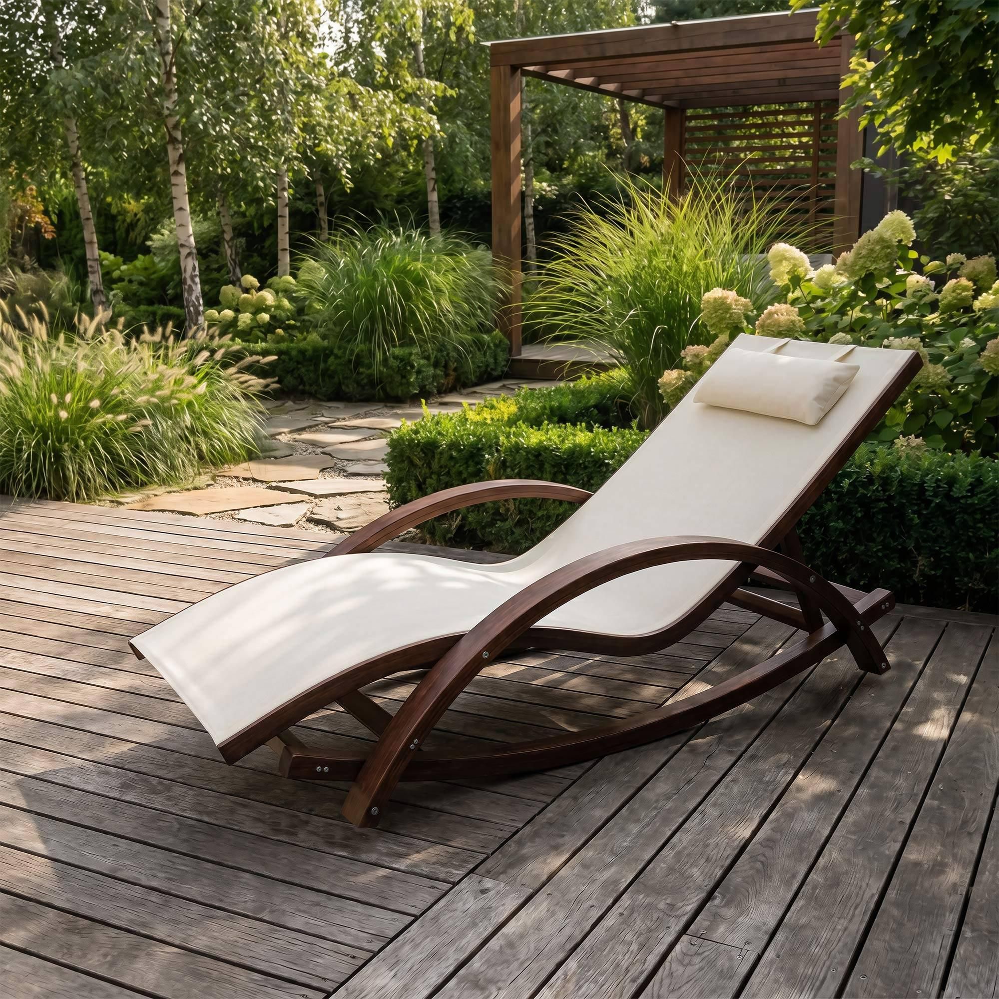 di volio Sonnenliege RODIE – ergonomische Liege aus Lärchenholz mit Kissen, wetterfester Liegestuhl für Garten und Terrasse (Beige)