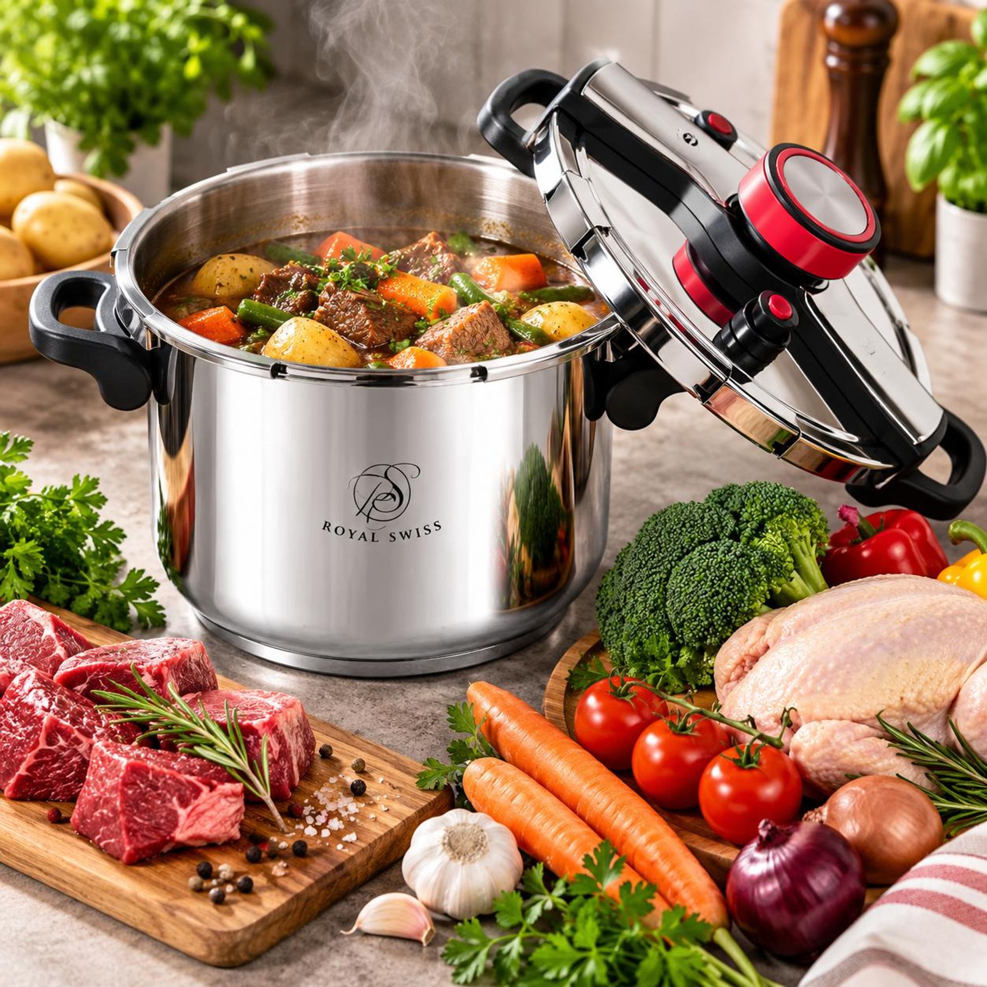 Royal Swiss Schnellkochtopf 4 Liter aus Edelstahl mit Fleisch, Gemüse und frischen Zutaten