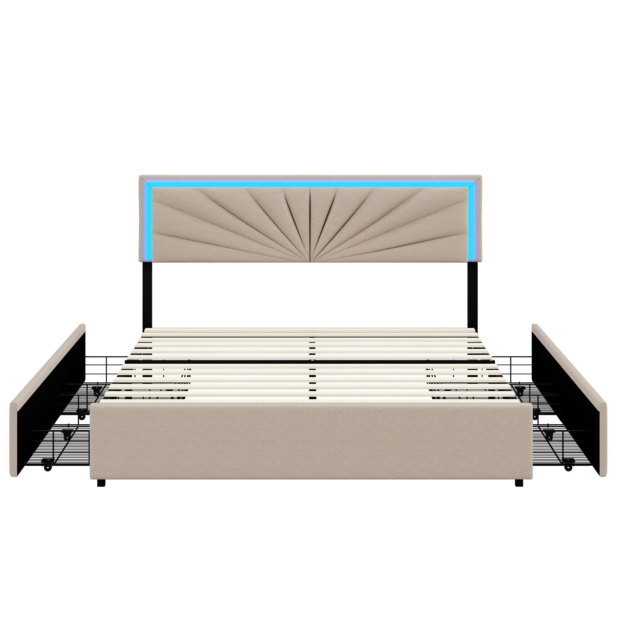 Fortuna Lai Polsterbett 140x200 cm mit höhenverstellbarem Kopfteil, LED-Beleuchtung und 4 Schubladen – Funktionsbett Doppelbett aus Leinen, Beige