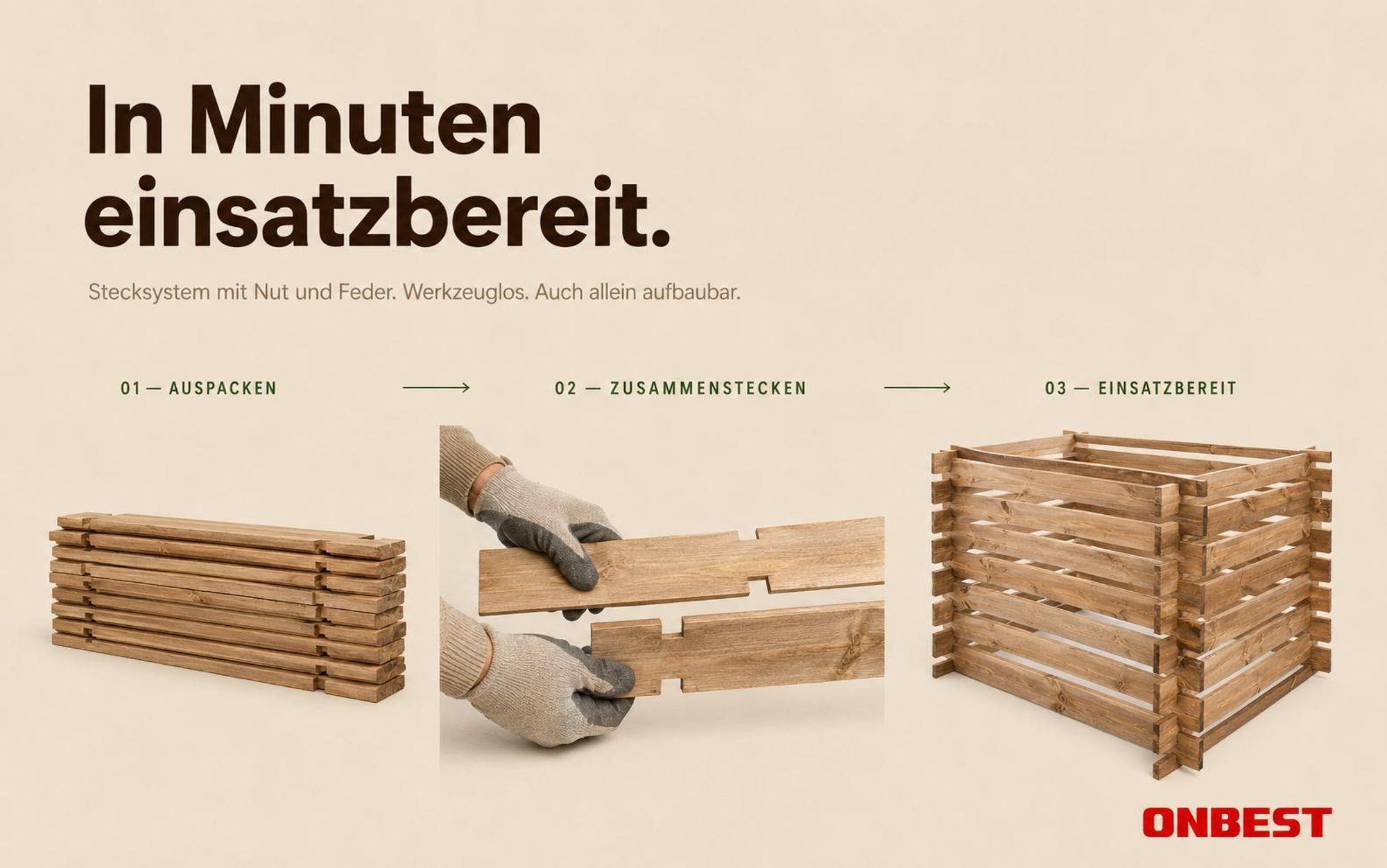 Holzkomposter Garten ONBEST | 520 Liter | 100x100x72 cm | Stecksystem | Witterungsbeständig & Lasiert | Kompostbehälter Holz