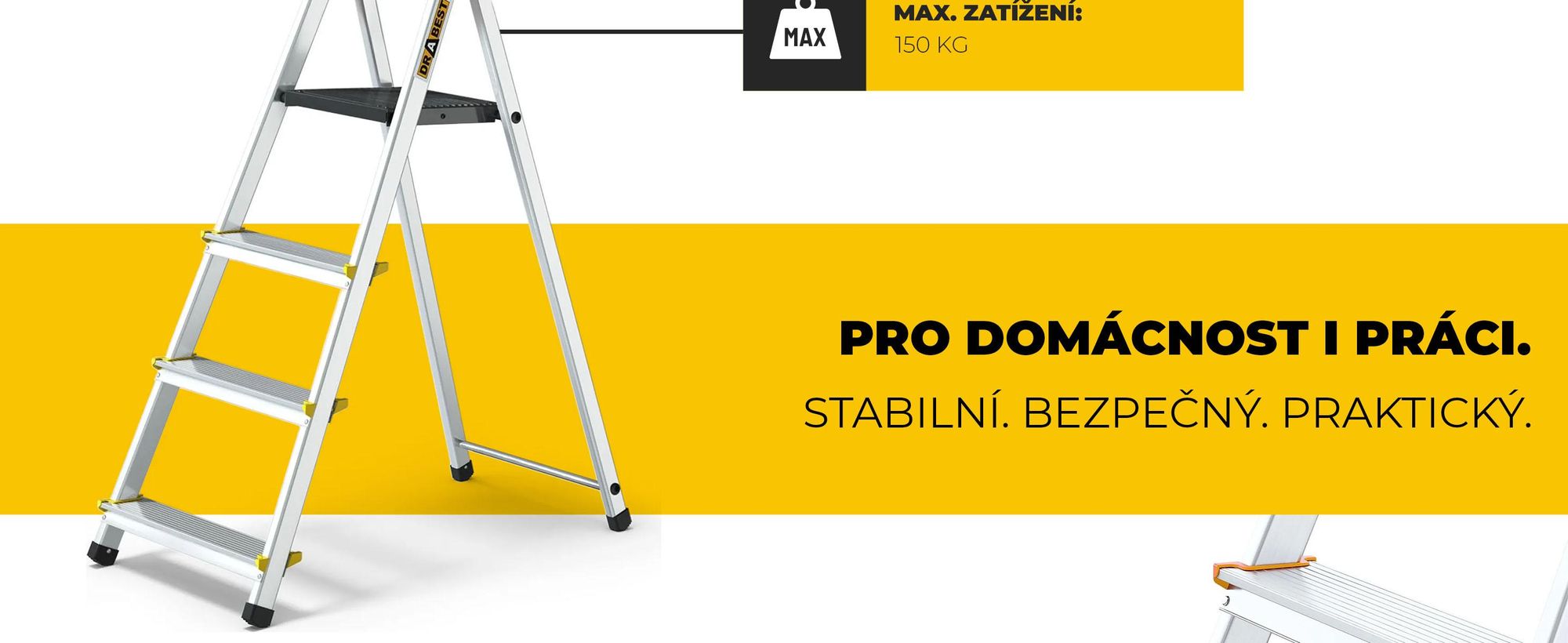 Drabest | Štafle 4 příčky (150 kg) žebřík pro domácnost + police, pracovní délka 2,75 m