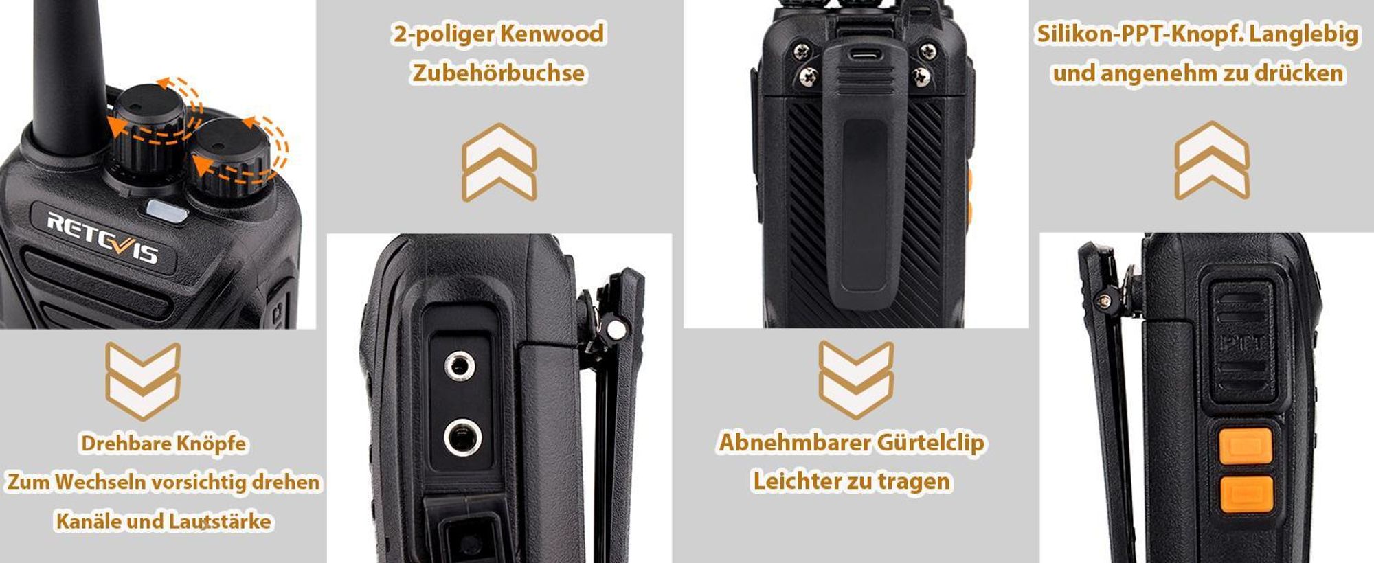Retevis RT27 Walkie Talkie, 16 Kanäle PMR Funkgeräte Set, CTCSS/DCS VOX Notanruf, Funkgeräte Wiederaufladbar mit USB Ladeschale, Funkgeräte für Schule, Familienaktivitäten
