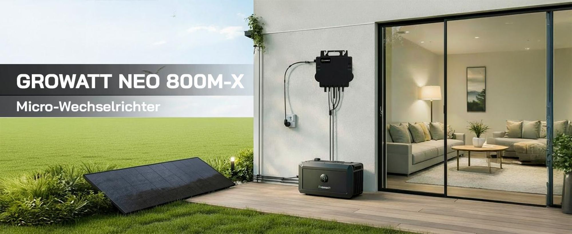SUNNIVA® 2000W Balkonkraftwerk BIFAZIAL FULLBLACK komplett Steckdose GROWATT NEO-800M-X Wechselrichter, Komplettset 4x 500W PV Solaranlage Solarmodule