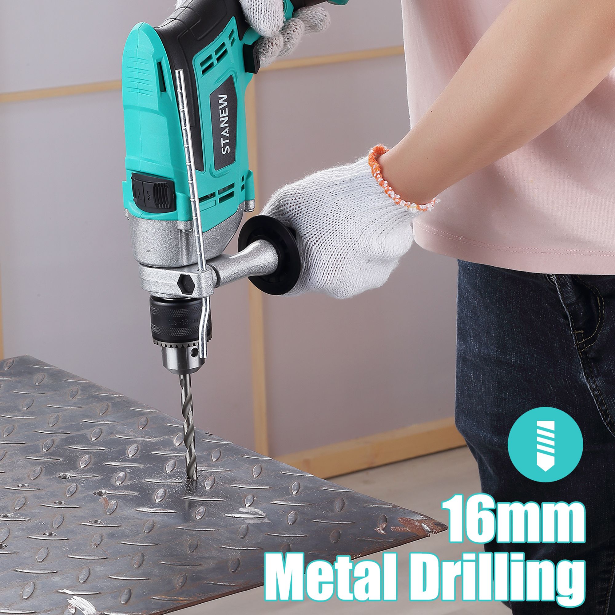 STANEW Schlagbohrmaschine 850W mit Kabel, 2 in 1 Schnur-Schlagbohrer 0–2700 U/min, 27 Zubehörteilen, 360° Drehgriff & 0-13mm Bohrfutter