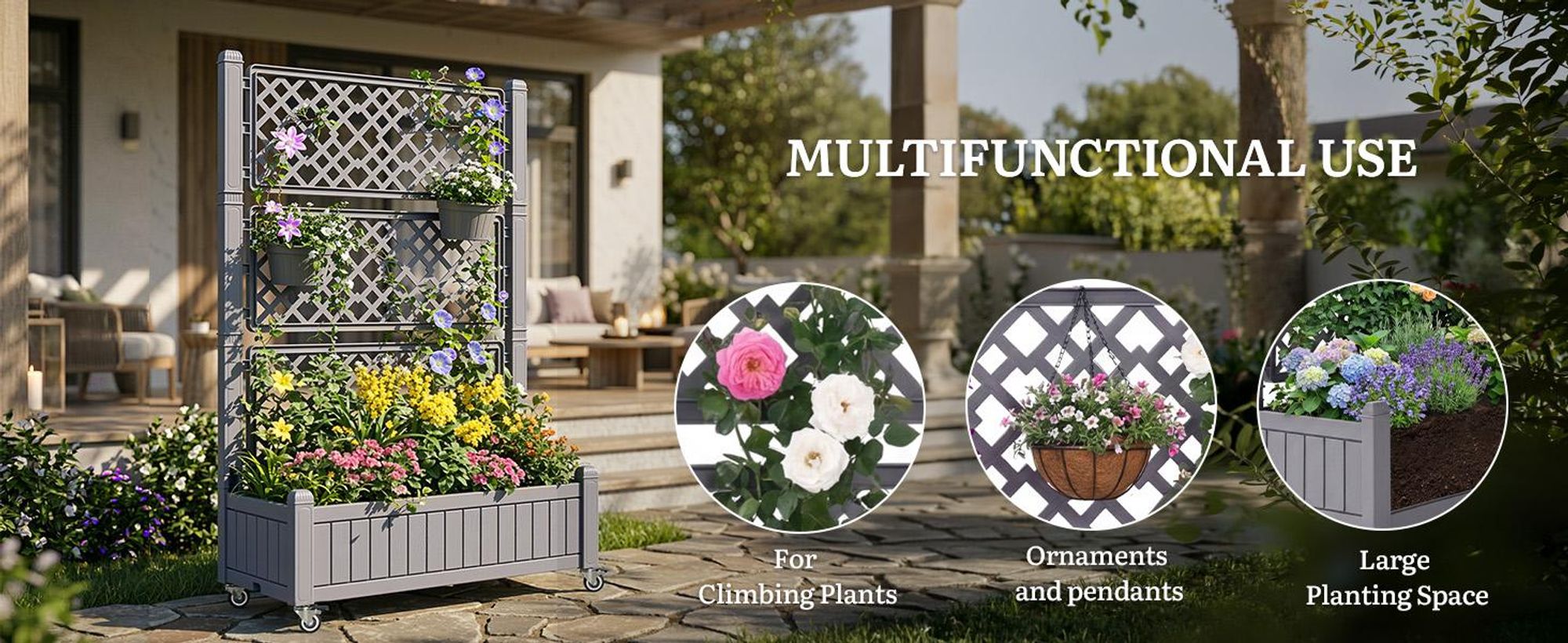 Pflanzkasten mit Rankgitter, Hochbeet für Balkon, 108,5x44x155cm, Garten Rankgitter mit Rädern, Gemüse- Blumenkasten, Grau