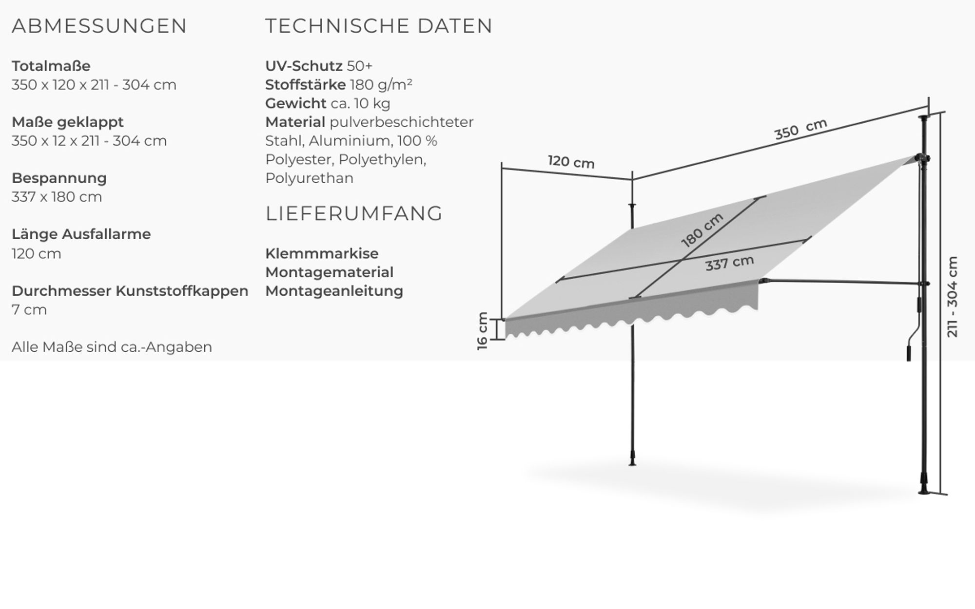 tectake® Klemmmarkise mit Handkurbel einfache Montage