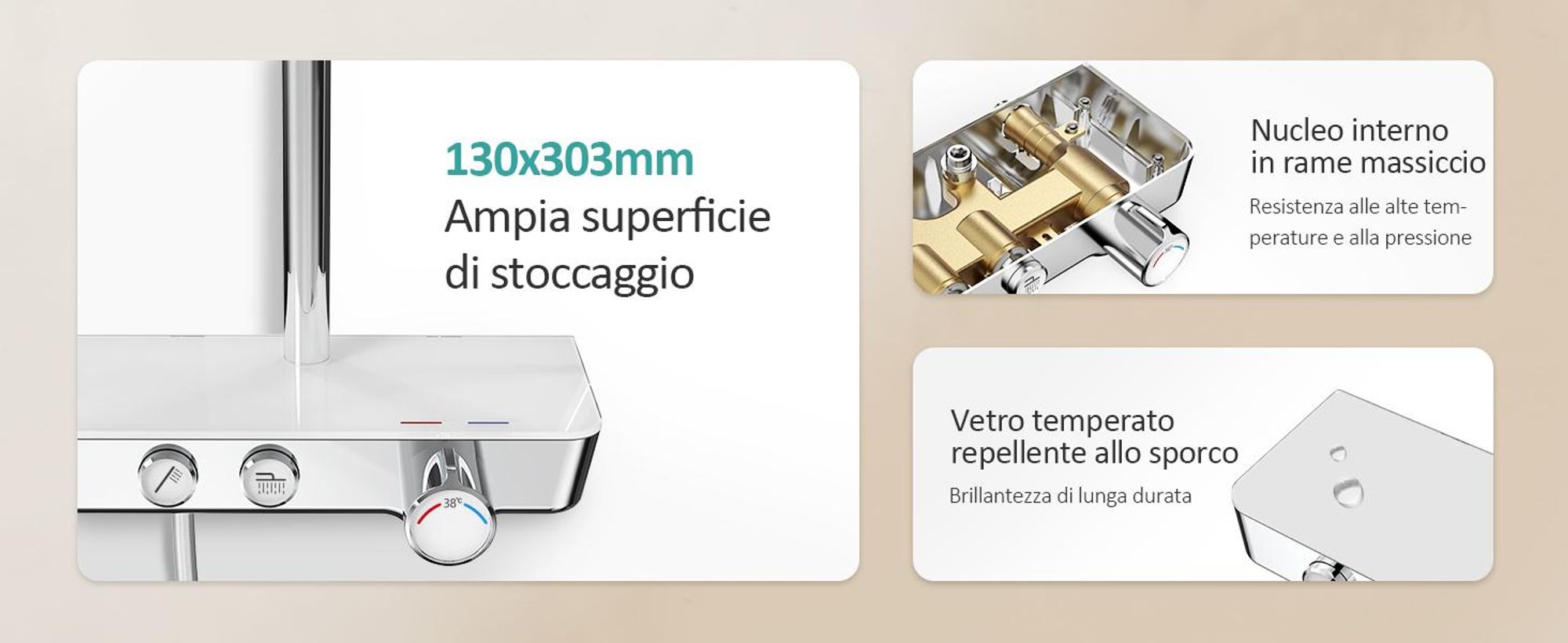 Sistema doccia EMKE con termostatico Set doccia in acciaio inox con doccetta a 3 funzioni, doccia a pioggia, pannello doccia, rubinetteria per vasca e doccia, KTW, cromo - F08