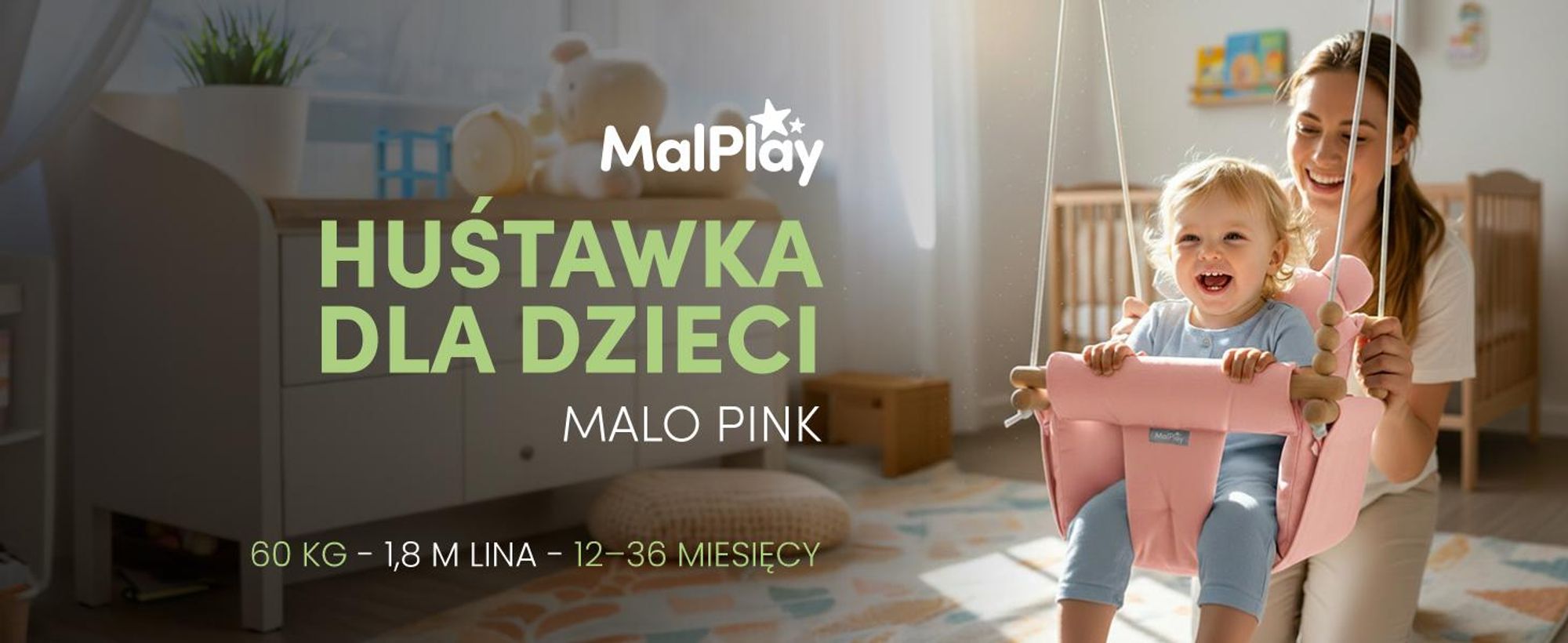 Różowa huśtawka dla dzieci na sznurkach z bawełnianą poduszką