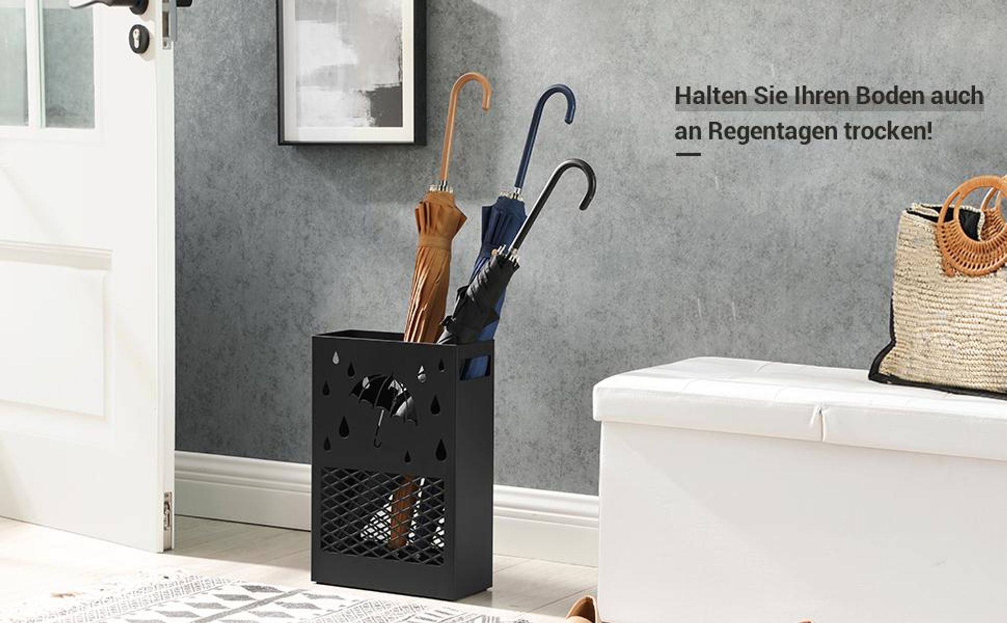 SONGMICS Regenschirmständer aus Metall, Schirmständer, rechteckig, mit einer herausnehmbaren Wasserauffangschale, 4 Haken, Cutout-Design