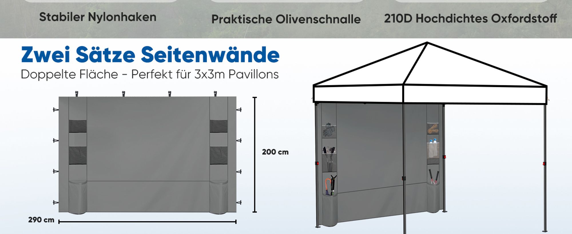 Sekey Seitenteil Multifunktionale seitenwand pavillon mit 6 Taschen, Grau