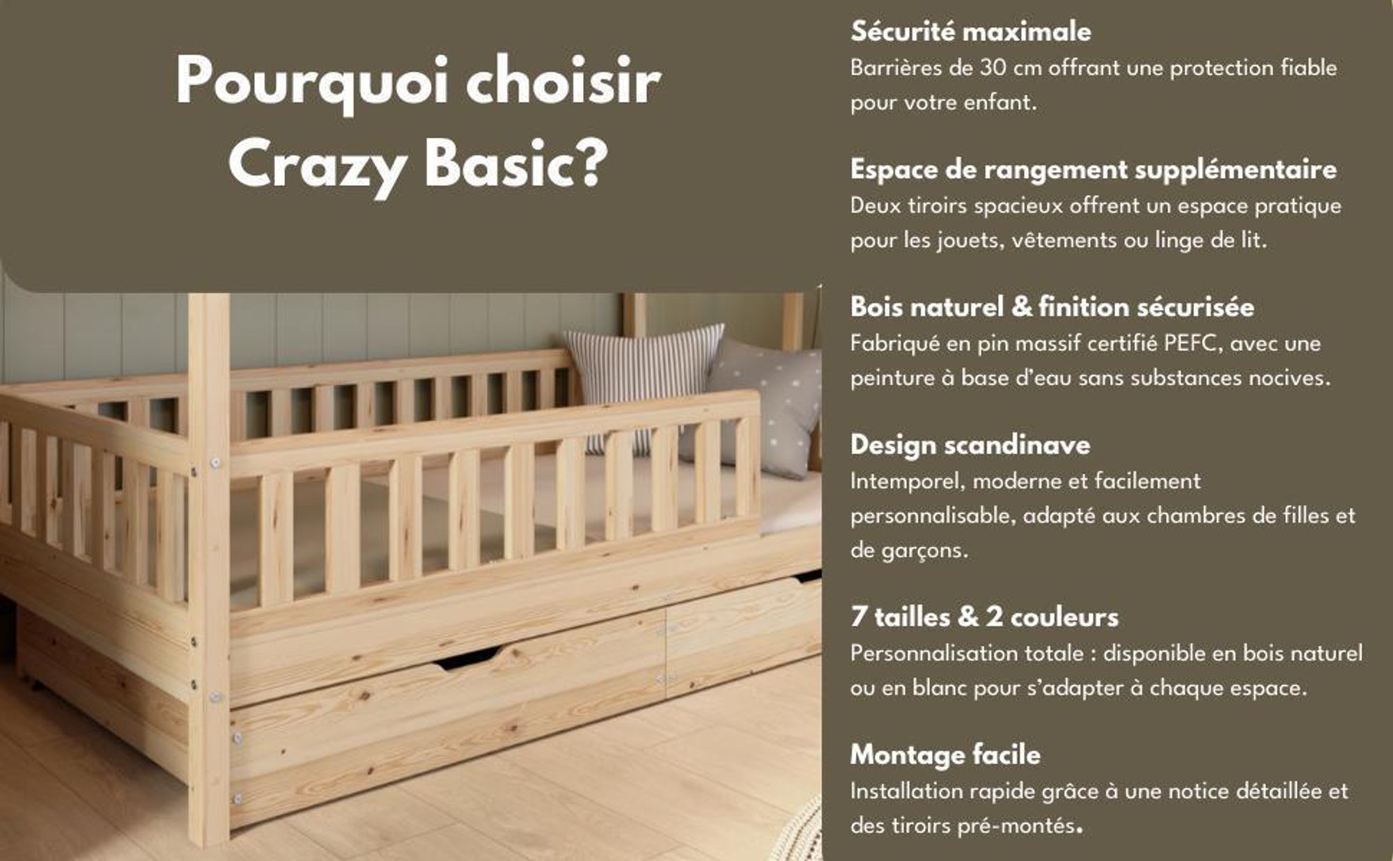 Crazy Pine Lit d'enfant avec tiroir 190x90cm - Lit de sol Montessori massif en bois avec protection contre les chutes - Crazy Basic