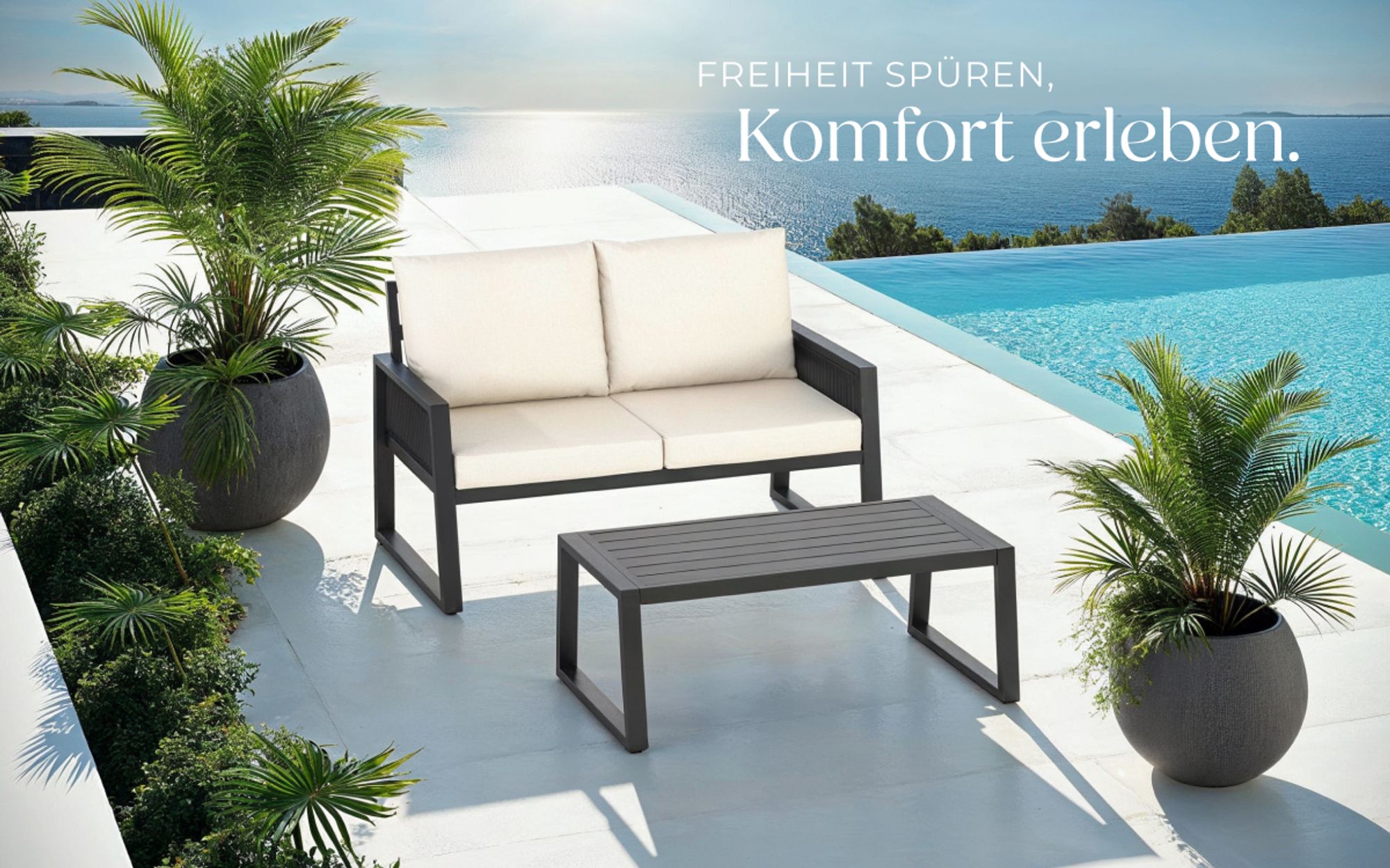 tectake Aluminium Gartenlounge-Set Captive Rope-Design 2-teilig Sofa Tisch wasserabweisend 126x76x85cm Anthrazit wetterfest Outdoor