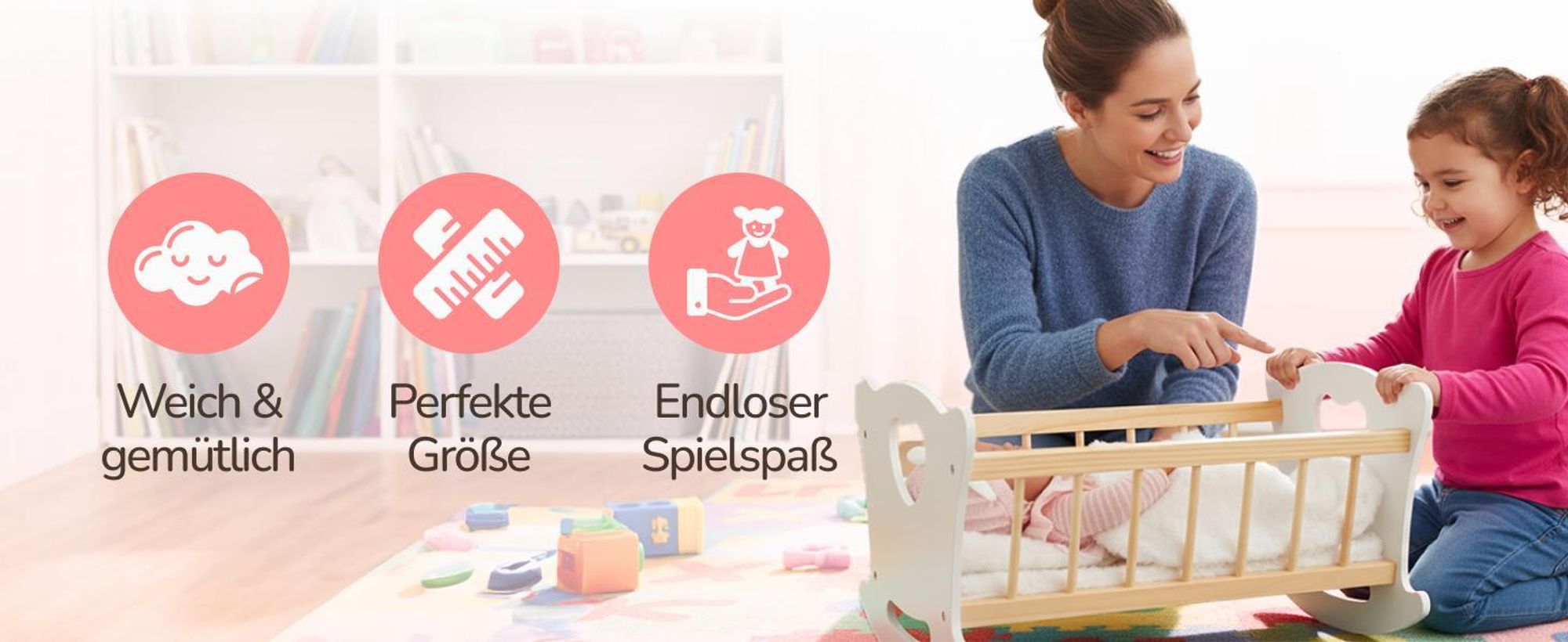 Kinderplay Holz-Puppenwiege GS2105 mit Bettwäsche – klassisches Puppenbett aus Holz für Kinder ab 3 Jahren – Green Series