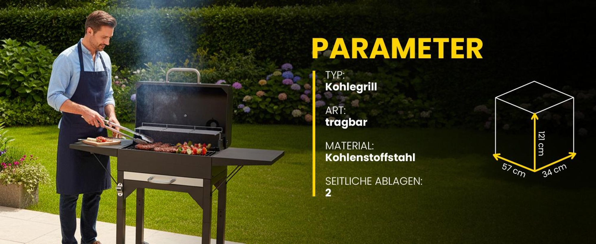 Holzkohlgrill Grillwagern mit Deckel, Kamin und Thermometer