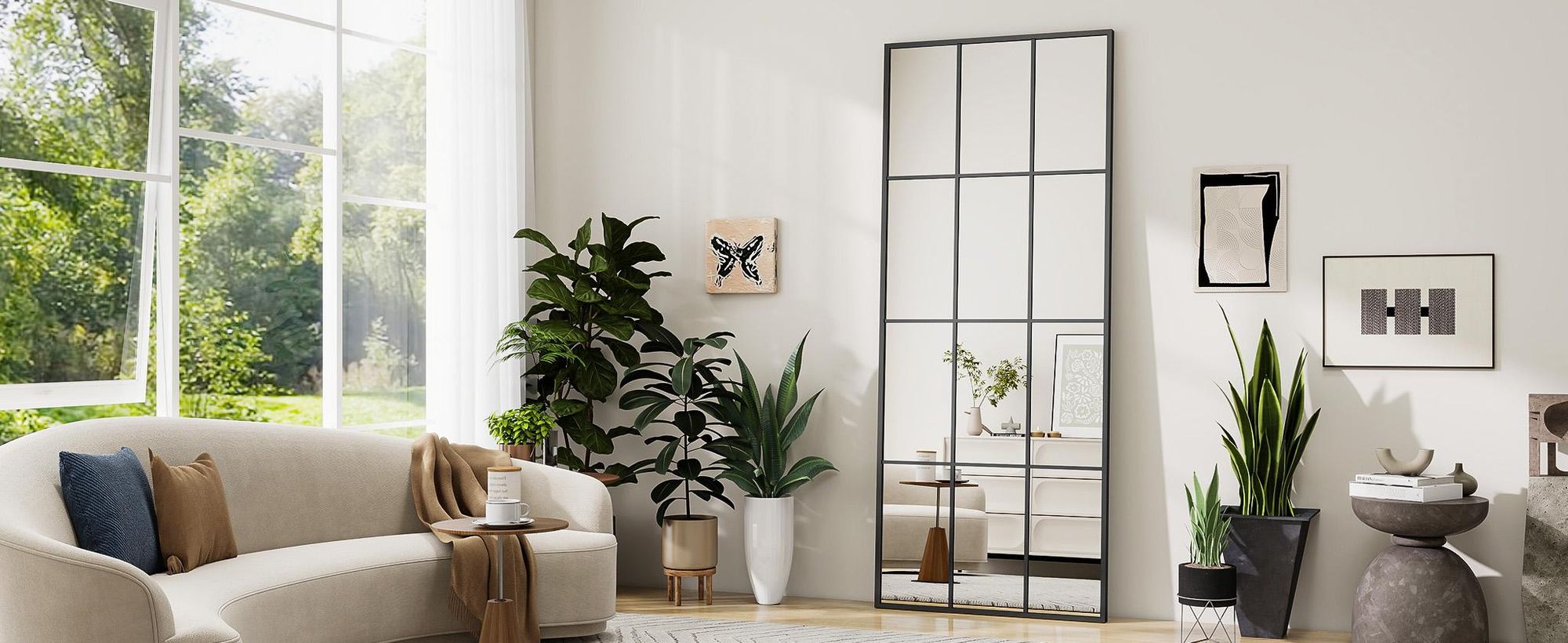 Koonmi 64x175 cm Fensterscheibe Ganzkörperspiegel - Dekorative Vollkörper mit Metallrahmen hängend Schrägung für den Eingang, Wohnzimmer, Schwarz