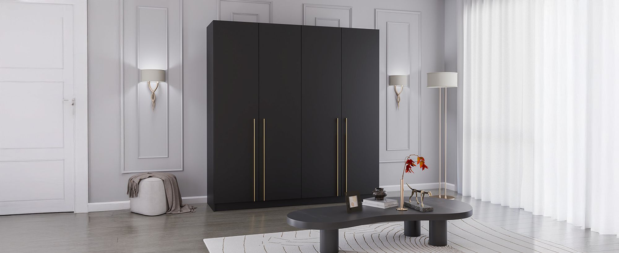 Drehtürenschrank Kleiderschrank Schrank 200 cm Schwarz/Schwarz viertürig Rosa 01