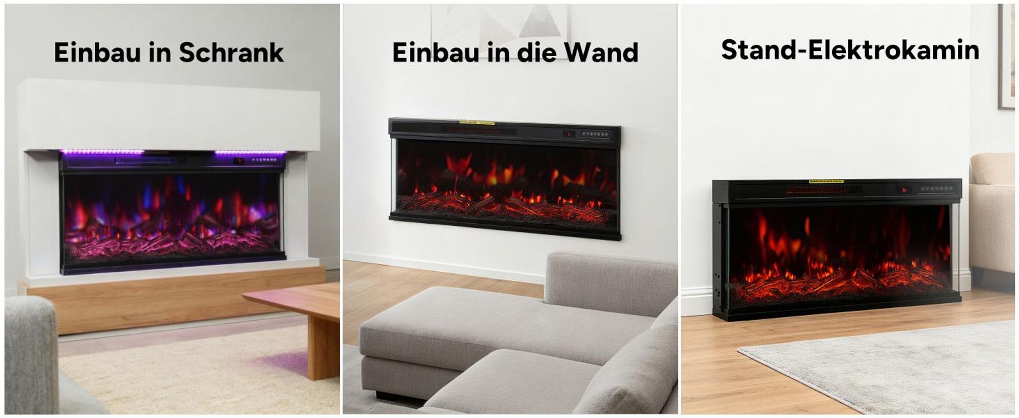 HOMAVO 36-Zoll Elektrokamin mit Heizung - 1000 / 2000W - Stand / Einbaukamin - 3D Flammenfarben - LED & Timer