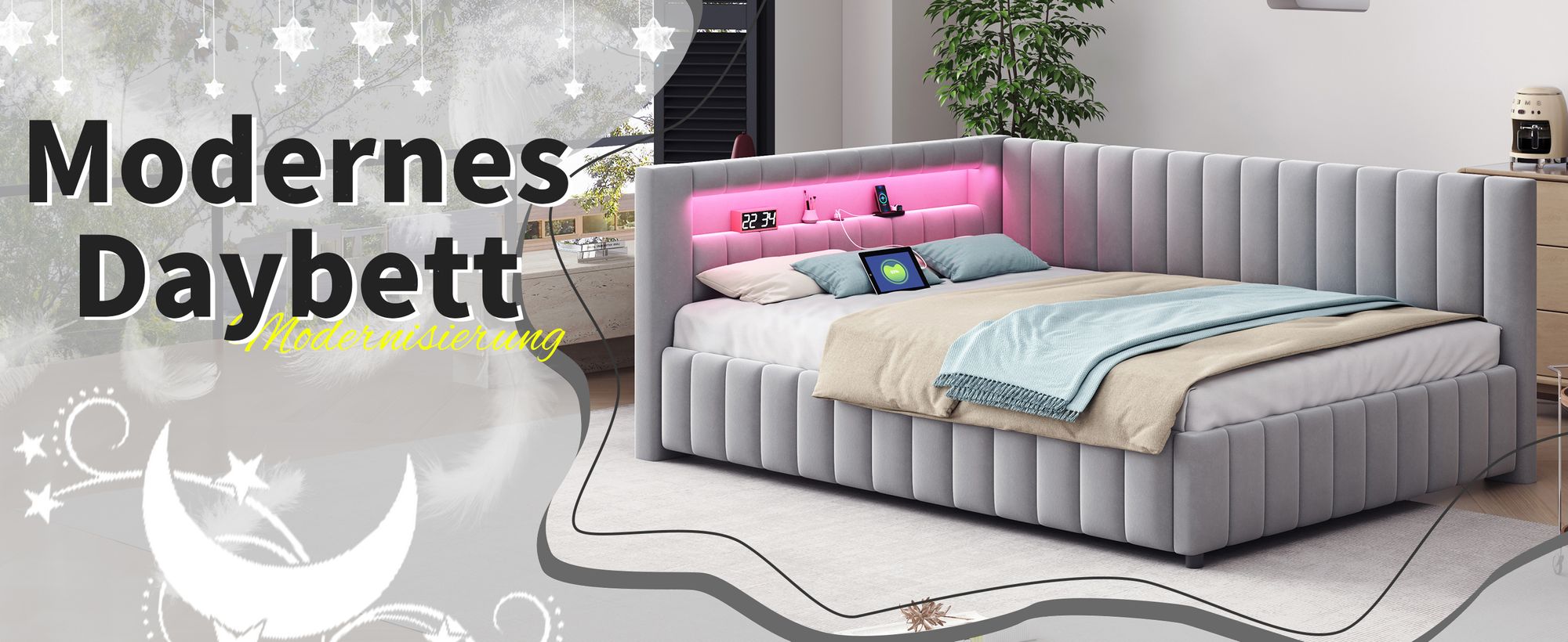 okwish Schlafsofa Polsterbett 140x200 Daybett mit LED-Licht und USB-Ladeanschluss, mit Rückenlehne und Kopfteil,Samtstoff,Hellgrau-Ohne Matratze