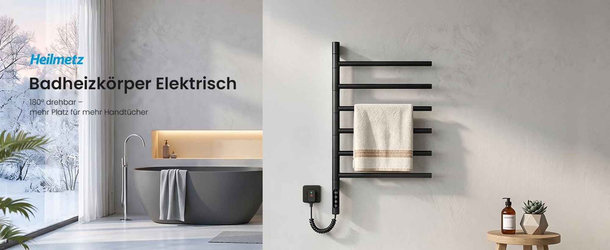 Heilmetz Elektrischer Handtuchheizkörper 78x45 cm Schwarz, Drehbar Handtuchtrockner mit WLAN App & Sprachsteuerung, Timer, 135W, Mit / Ohne heizstab