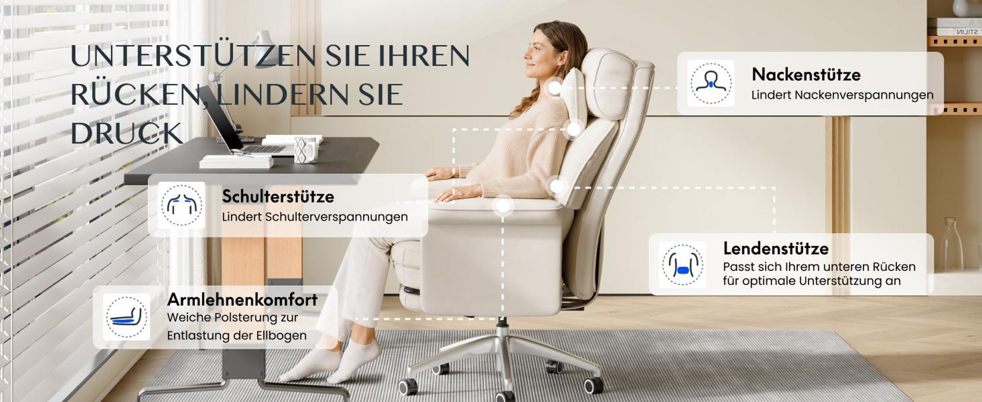 FLEXISPOT Ergonomischer Bürostuhl, 180° klappbare Armlehnen, aus kratzfestem Kunstleder, höhenverstellbare Kopfstütze, 90–130° verstellbar, Beige