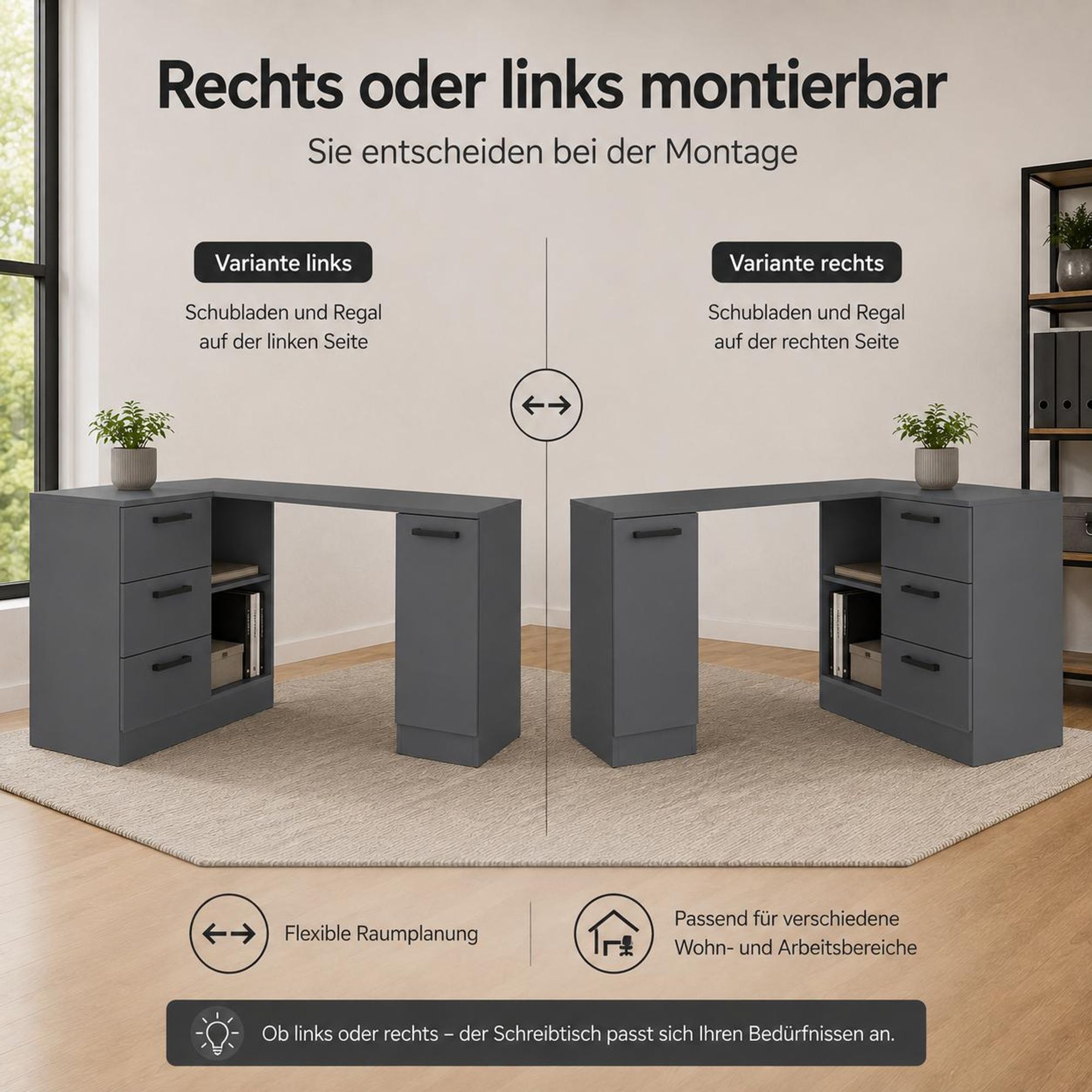 Winkelschreibtisch in Anthrazit mit 3 Schubladen, Tür und offenen Fächern.