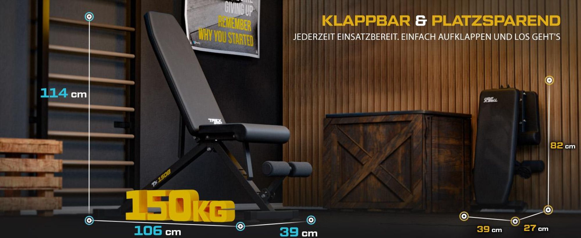 TREX SPORT Hantelbank klappbar TX-150B | Trainingsbank 8-fach verstellbare Rückenlehne, 3-fach Sitz, Saugnäpfe, Beinstrecker | Flachbank, Schrägbank