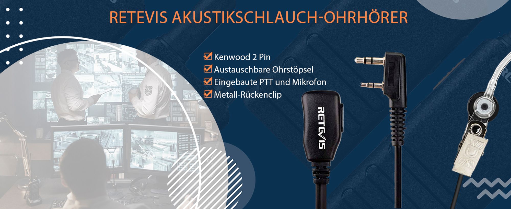 Retevis Funkgerät Headset 2 Pin Kompatibel mit Walkie Talkie Retevis RT24 Plus RT622 RT27 BF UV-5R Plus BF-888S BF-88E Kenwood Sicherheits-Headset Kopfhörer Ohrhörer (2 Stück)