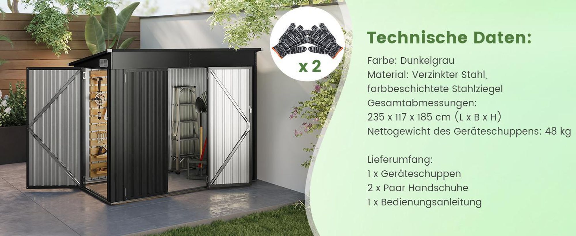 COSTWAY 2,6 ㎡ Gartenhaus 235x117x185cm Metall, 4,86 m³, Geräteschuppen mit Vordertür, Seitentür&Pultdach, Gartenschuppen abschließbar, Dunkelgrau