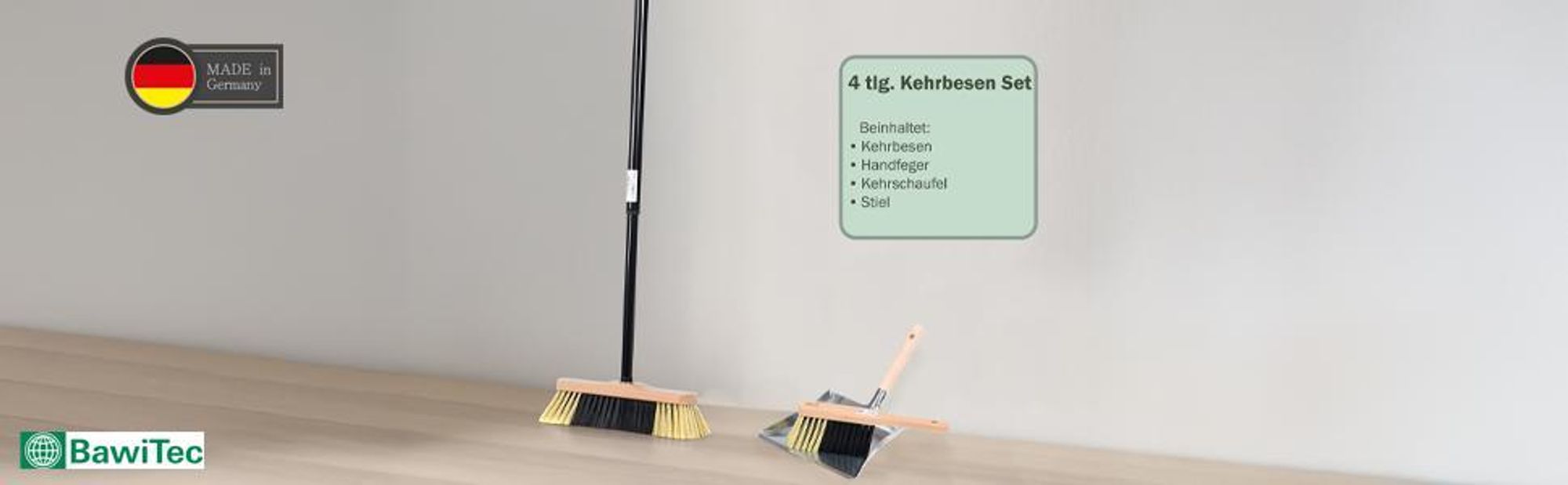 Qualitäts Kehrgarnitur Zimmerbesen Kehrset mit Stiel Besen-Set Handfeger Kehrblech Kehrschaufel Schüppe Hausbesen