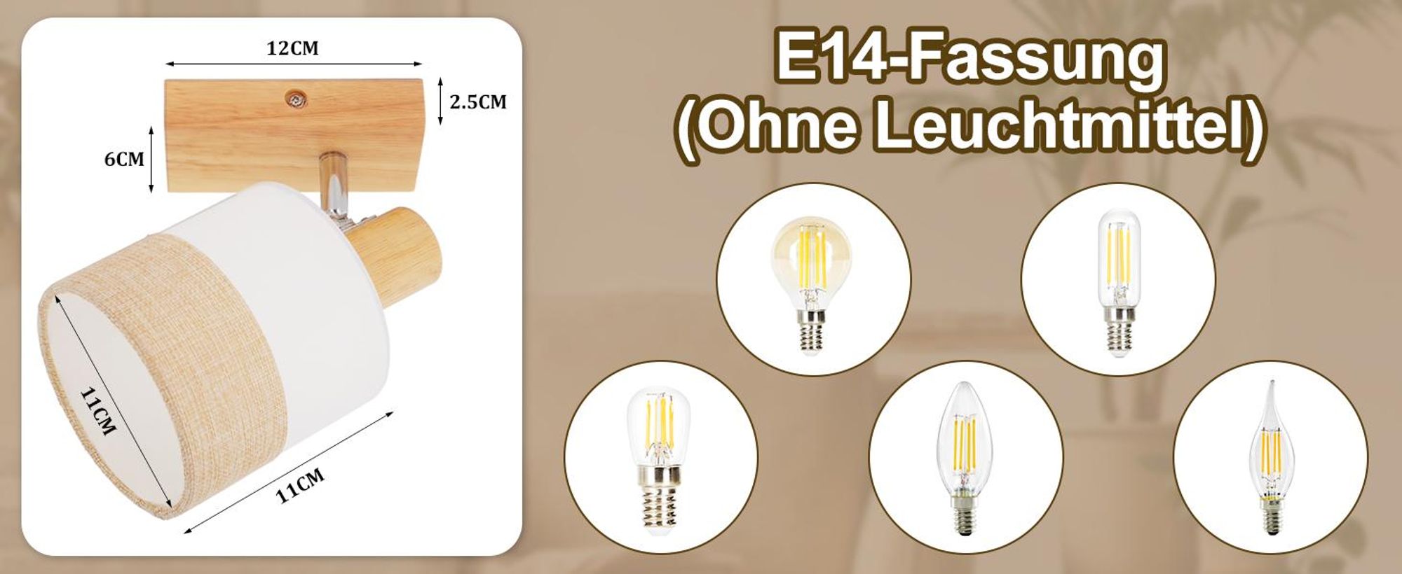 ZMH LED Deckenstrahler 1 Flammig Flurlampe,Deckenleuchte Holz ,Deckenlampe E14 Vintage ,Schwenkbar 350° Deckenspot ,Wandstrahler, Ohne Leuchtmittel