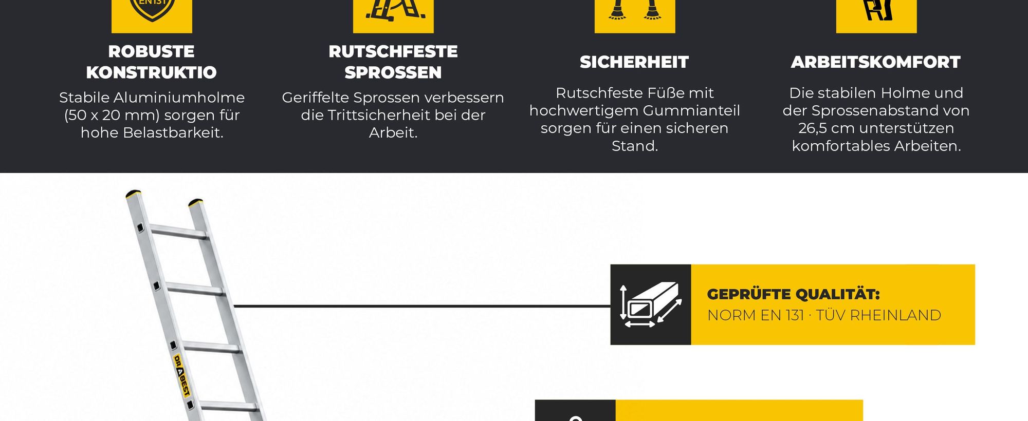 Drabest | Leiter - 10 Stufen, Tragfähigkeit 150kg - Alu Leiter, Dachleiter, Anlegeleiter, Anti-Rutsch-Füße