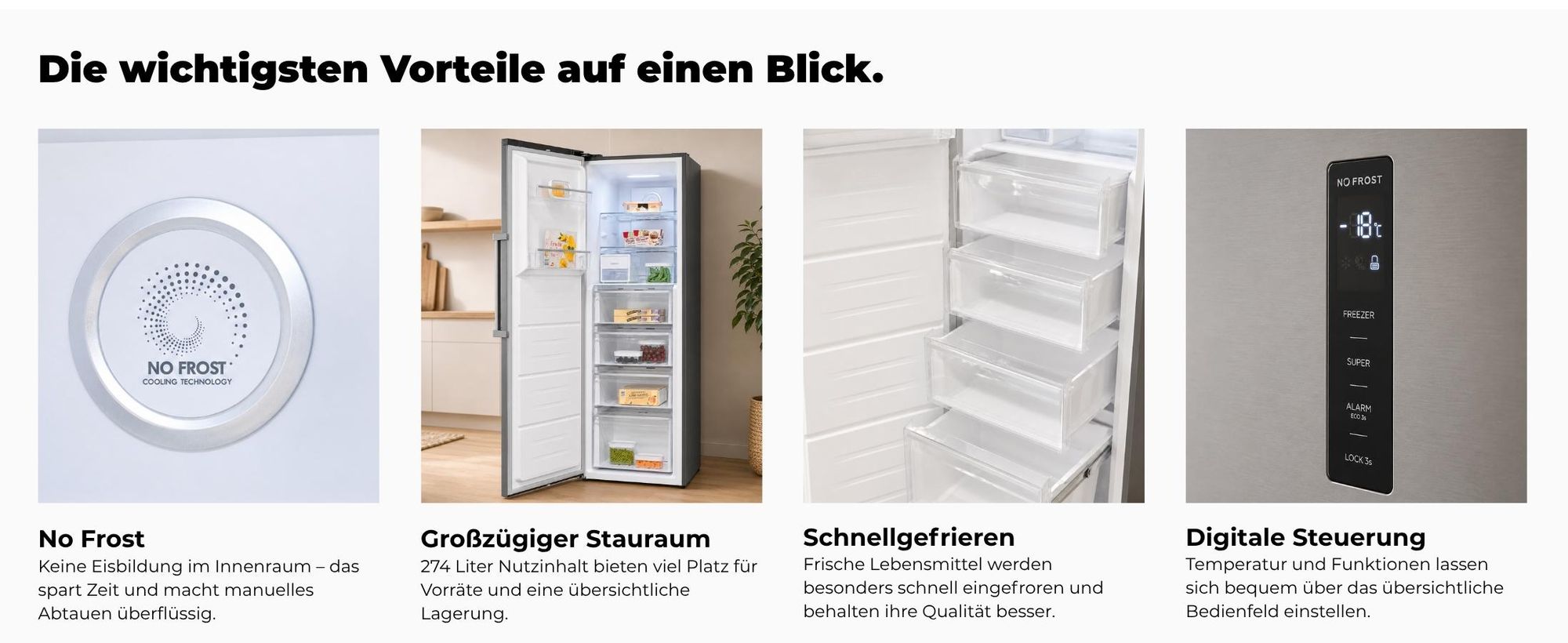 Gefrierschrank | GS5295-NF-H-040C inoxlook | 274 l | No Frost | elektronische Temperaturregelung | Energieklasse C | 39 dB | Inoxlook