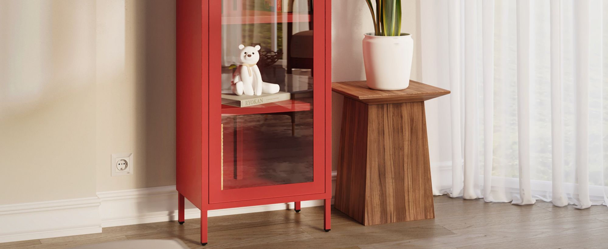 Vitrinenschrank Bücherschrank mit 4 Fachböden Vitrine Glitzernd Metall Rot