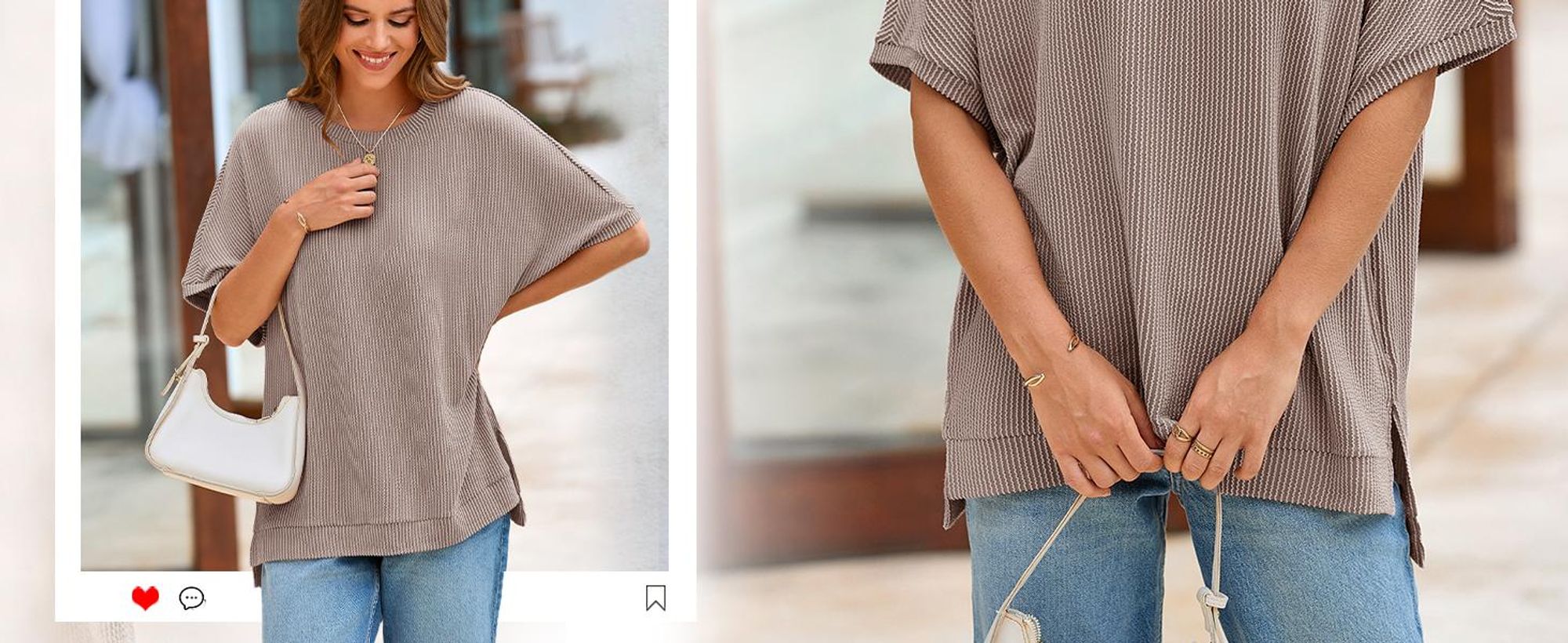 Damen-T-Shirt mit Rippstrick, Fledermausärmeln und lockerer Passform