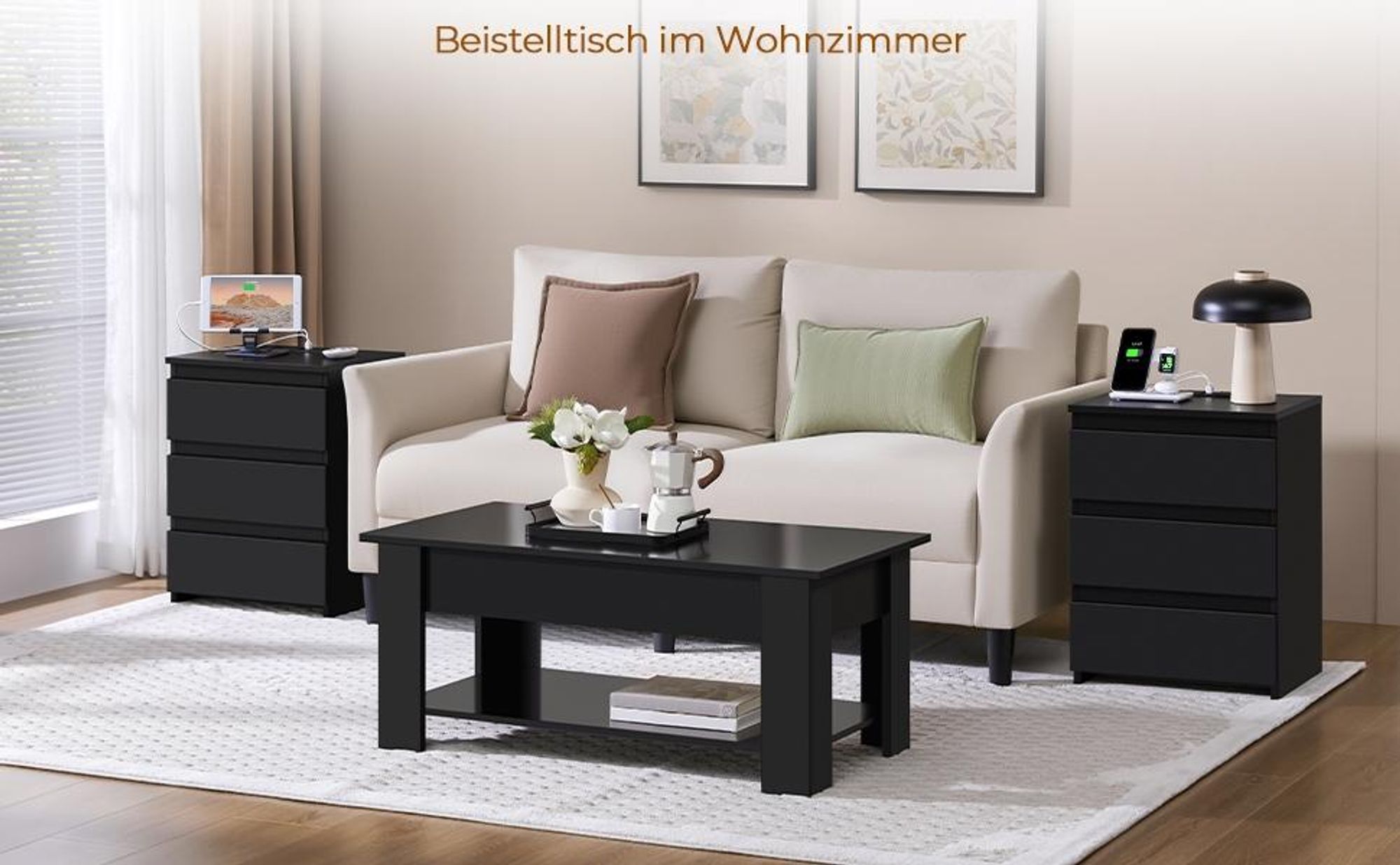 Yaheetech Nachttisch 2er Set Beistelltisch, 2 AC-Steckdosen, 2 USB-Anschlüsse, Emissionsklasse E1, Schwarz